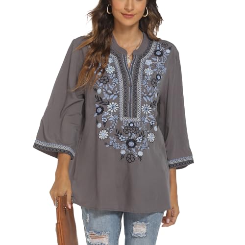Seasonal Damen Hippie Bluse Bohemian Mexican Top 3/4 Ärmel V-Ausschnitt Button-up Tunika Folklore Bluse Mit Stickerei(372,Grau-XXL) von Seasonal