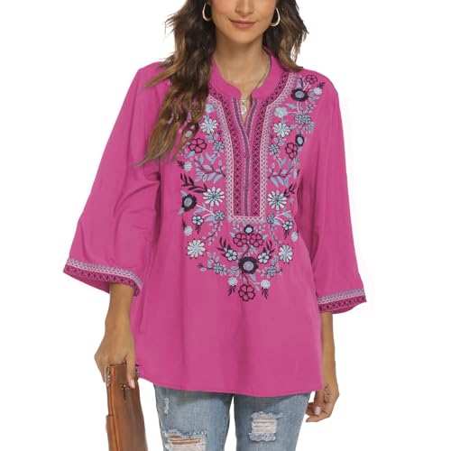 Seasonal Damen Hippie Bluse Bohemian Mexican Top 3/4 Ärmel V-Ausschnitt Button-up Tunika Folklore Bluse Mit Stickerei(372,Rosa-XXL) von Seasonal