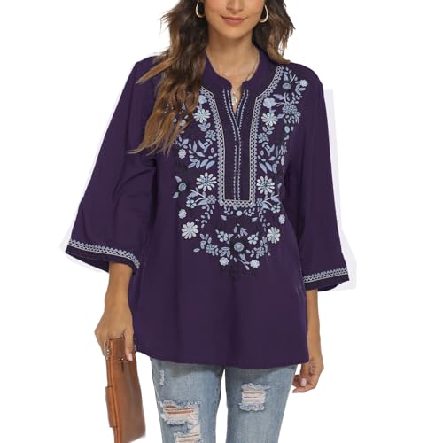 Seasonal Damen Hippie Bluse Bohemian Mexican Top 3/4 Ärmel V-Ausschnitt Button-up Tunika Folklore Bluse Mit Stickerei(372,Violett-XXL) von Seasonal