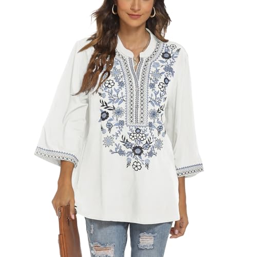 Seasonal Damen Hippie Bluse Bohemian Mexican Top 3/4 Ärmel V-Ausschnitt Button-up Tunika Folklore Bluse Mit Stickerei(372,Weiß-XL) von Seasonal