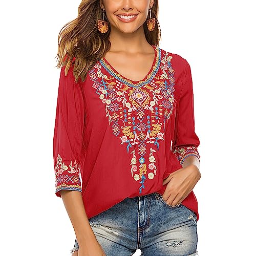 Seasonal Damen Stickerei Bluse Bohemian Herbst Tunika Bestickte Folklore Blusen Hippie Blumenmuster Oberteil 3/4 Arm Lose Tops (3X-Large, 054-Rot) von Seasonal