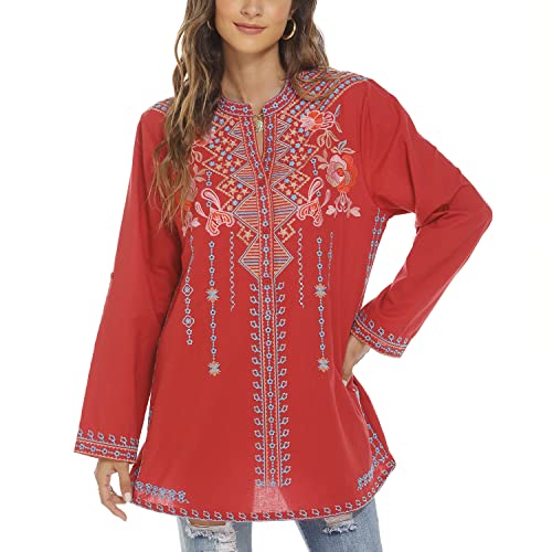 Seasonal Damen Tunika Böhmen Stickerei T-Shirt Herbst Besticktes Hemd Langarm Bauernin Casual Tops Blouse Lose Oberteile (Medium, Rot-127) von Seasonal