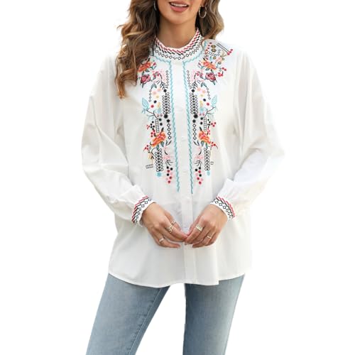 Seasonal Damen Tunika Böhmen Stickerei T-Shirt Herbst Besticktes Hemd Langarm Bauernin Casual Tops Blouse Lose Oberteile (Small, Weiß-781) von Seasonal