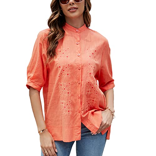 Seasonal Sommer Hippie Tunika Stickerei Damen Blusen Folklore Kurzarm Hemd Freizeit Button-down Oberteile für Frauen Blumen Lose Bluse（3XL,Orange） von Seasonal