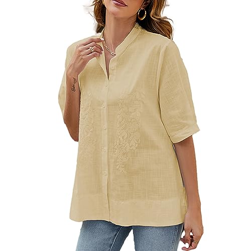 Seasonal Sommer Hippie Tunika Stickerei Damen Blusen Folklore Kurzarm Hemd Freizeit Button-down Oberteile für Frauen Blumen Lose Bluse（M,Gelb） von Seasonal