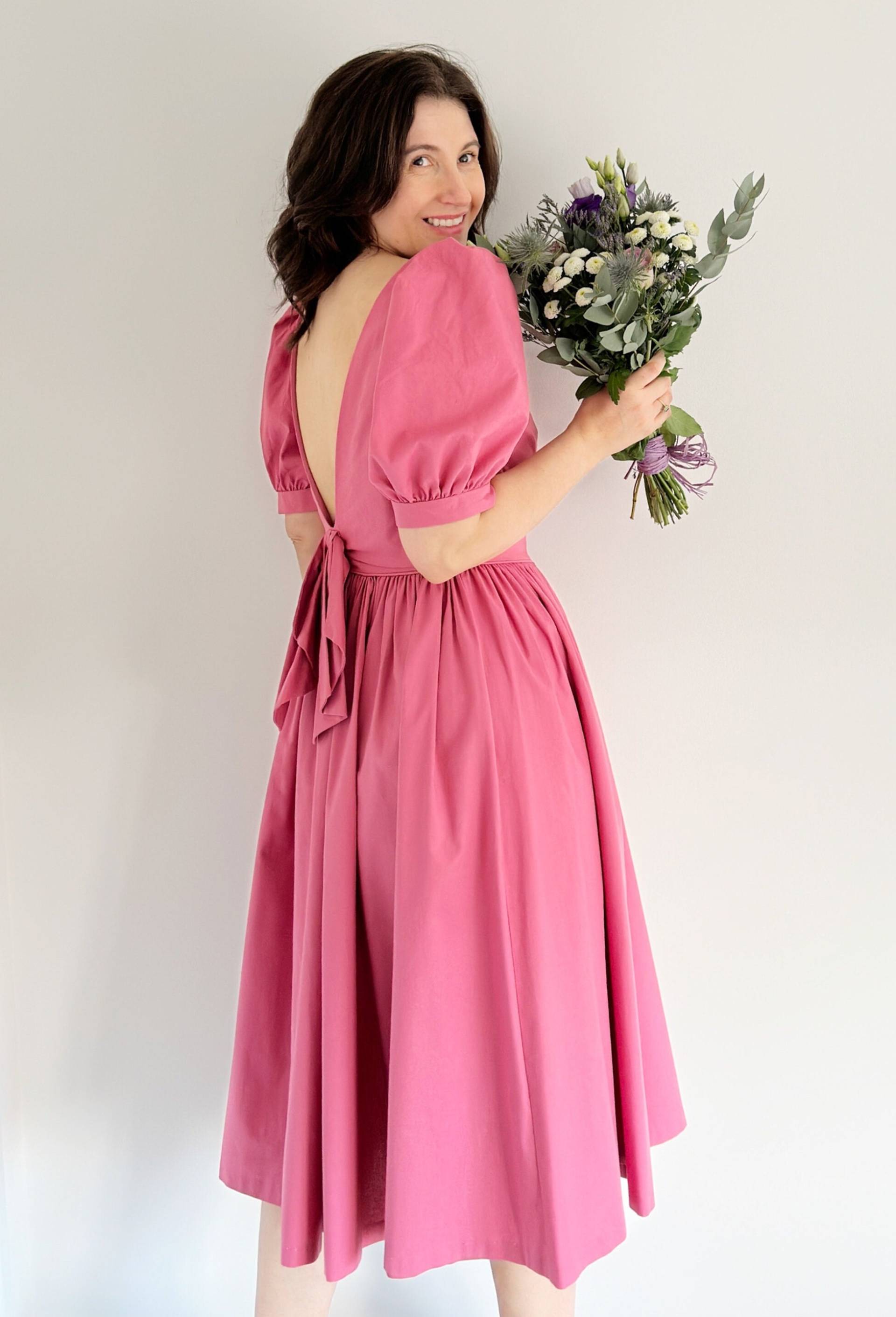 Vintage Laura Ashley Kleid | 12 Frühling Sommer Rosa Low Bow Zurück Midi Hochzeits-Gastkleid von SeasonallyDressed