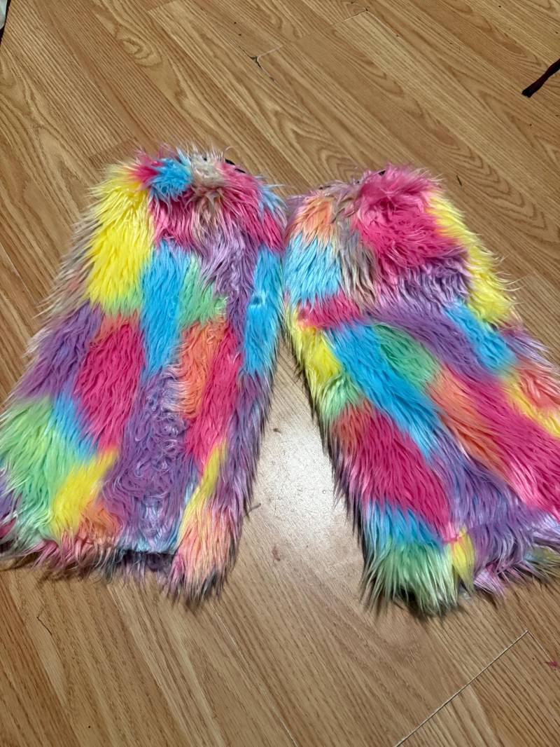 Regenbogen Multi Getupft Pelzig Flauschig Beinwärmer Boot/Überzug Rave Cyber Halloween Kostüm Tanz Weihnachten Winter Festival Event Frauen von Seasonone