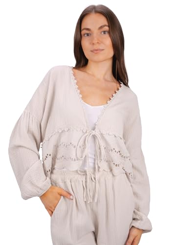 Musselin Bluse mit Bordüre zum Binden, Spitze & Bindeband – im Boho Stil Frühling/Sommer - Laura (Beige) von Seasons of April