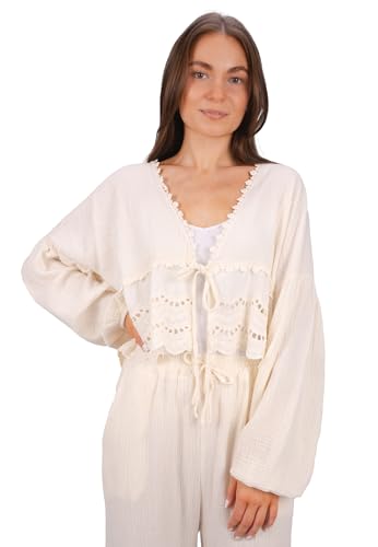 Musselin Bluse mit Bordüre zum Binden, Spitze & Bindeband – im Boho Stil Frühling/Sommer - Laura (Creme) von Seasons of April