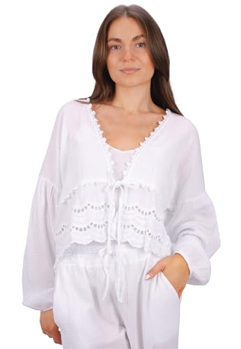 Musselin Bluse mit Bordüre zum Binden, Spitze & Bindeband – im Boho Stil Frühling/Sommer - Laura (Weiß) von Seasons of April