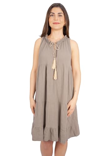 Seasons of April Ärmelloses Damen Musselin Kleid Mini Midi 100% Baumwolle mit Tasseln, Leicht & Locker, One Size - Buki (Taupe) von Seasons of April