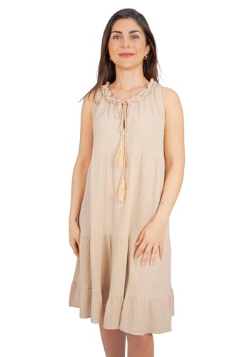 Seasons of April Ärmelloses Damen Musselin Kleid Mini Midi 100% Baumwolle mit Tasseln, Leicht & Locker, One Size - Buki (beige) von Seasons of April