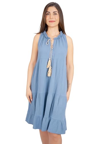 Seasons of April Ärmelloses Damen Musselin Kleid Mini Midi 100% Baumwolle mit Tasseln, Leicht & Locker, One Size - Buki (Jeansblau) von Seasons of April