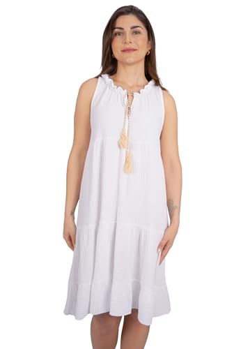 Seasons of April Ärmelloses Damen Musselin Kleid Mini Midi 100% Baumwolle mit Tasseln, Leicht & Locker, One Size - Buki (weiß) von Seasons of April