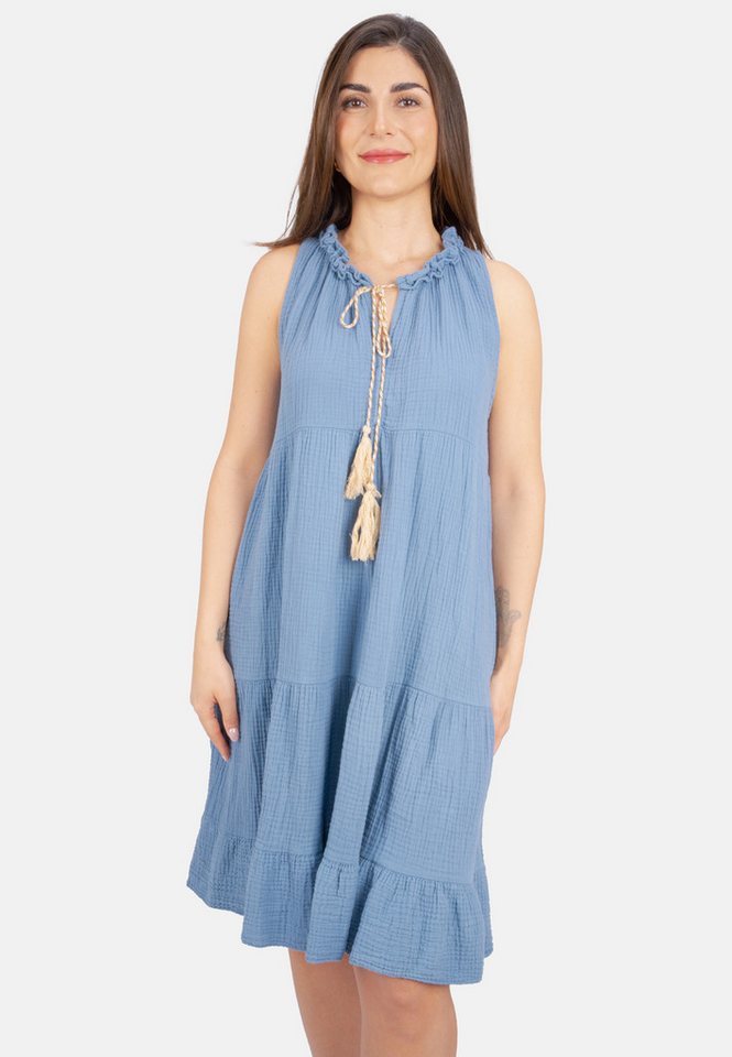Seasons of April Blusenkleid BUKI MUSSELIN Ärmelloses Damen Musselin Kleid Damenkleid mit Tasseln in Trendfarben Seasons of April Blusenkleid BUKI MUSSELIN Ärmelloses Damen Musselin Kleid Damenkleid mit Tasseln in Trendfarben von Seasons of April