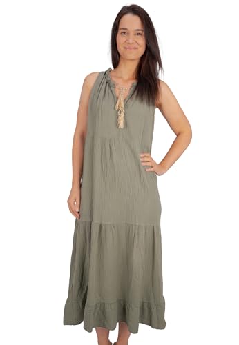 Seasons of April Damen Musselin Maxikleid Maxi Kleid aus 100% Baumwolle mit Tasseln, Leicht & Locker, One Size - Viola (Khaki) von Seasons of April