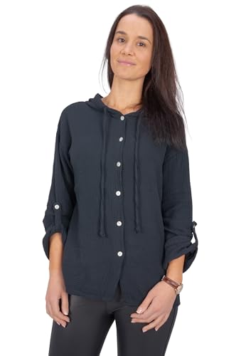 Seasons of April Damen Musselinbluse aus 100% Baumwolle, Oversized, Halbarm & mit Kapuze - Camila (schwarz, L/XL) von Seasons of April