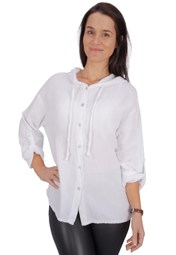 Seasons of April Damen Musselinbluse aus 100% Baumwolle, Oversized, Halbarm & mit Kapuze - Camila (weiß, L/XL) von Seasons of April