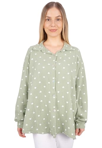 Seasons of April Damen Musselinbluse mit Herz Herzen aus 100% Baumwolle Oversized - Liya (Khaki weiß) von Seasons of April