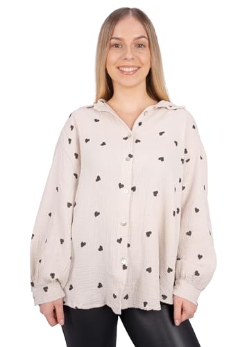 Seasons of April Damen Musselinbluse mit Herz Herzen aus 100% Baumwolle Oversized - Liya (beige schwarz) von Seasons of April