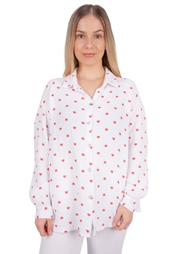 Seasons of April Damen Musselinbluse mit Herz Herzen aus 100% Baumwolle Oversized - Liya (weiß rot) von Seasons of April