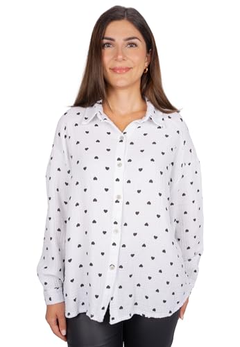 Seasons of April Damen Musselinbluse mit Herz Herzen aus 100% Baumwolle Oversized - Liya (weiß schwarz) von Seasons of April
