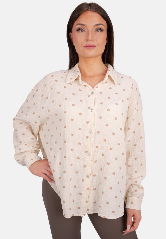 Seasons of April Hemdbluse LIYA MUSSELIN HERZ OVERSIZED Damen Musselin Bluse mit Herz Print, 100% Baumwolle, S/M & L/XL von Seasons of April