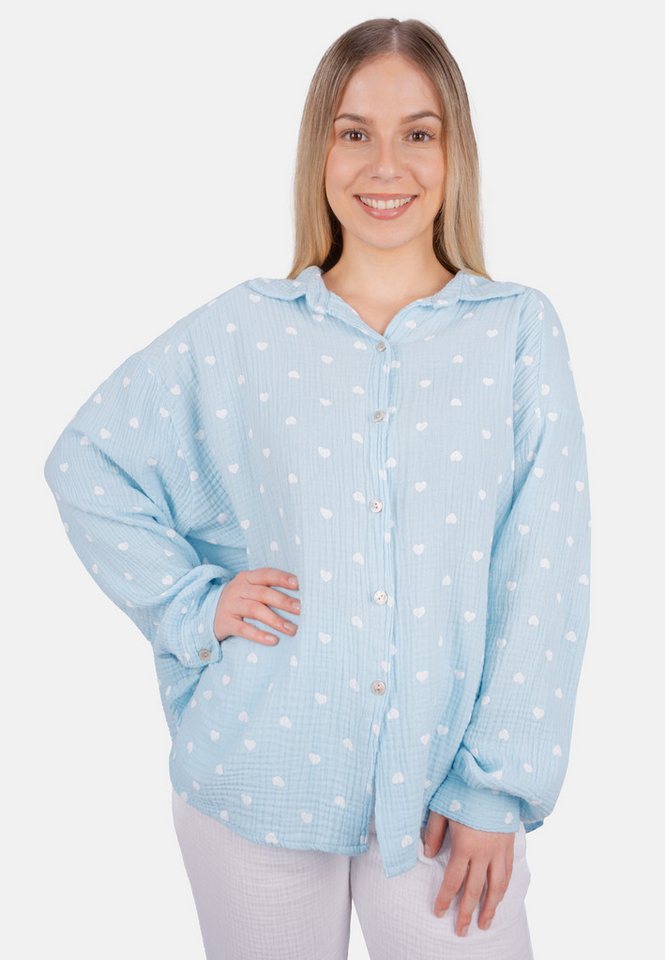 Seasons of April Hemdbluse LIYA MUSSELIN HERZ OVERSIZED Damen Musselin Bluse mit Herz Print, 100% Baumwolle, S/M & L/XL von Seasons of April