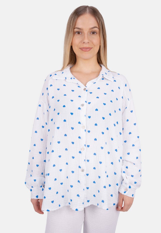Seasons of April Hemdbluse LIYA MUSSELIN HERZ OVERSIZED Damen Musselin Bluse mit Herz Print, 100% Baumwolle, S/M & L/XL von Seasons of April