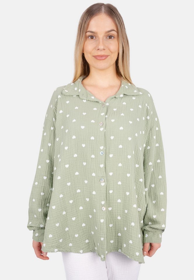 Seasons of April Hemdbluse LIYA MUSSELIN HERZ OVERSIZED Damen Musselin Bluse mit Herz Print, 100% Baumwolle, S/M & L/XL von Seasons of April