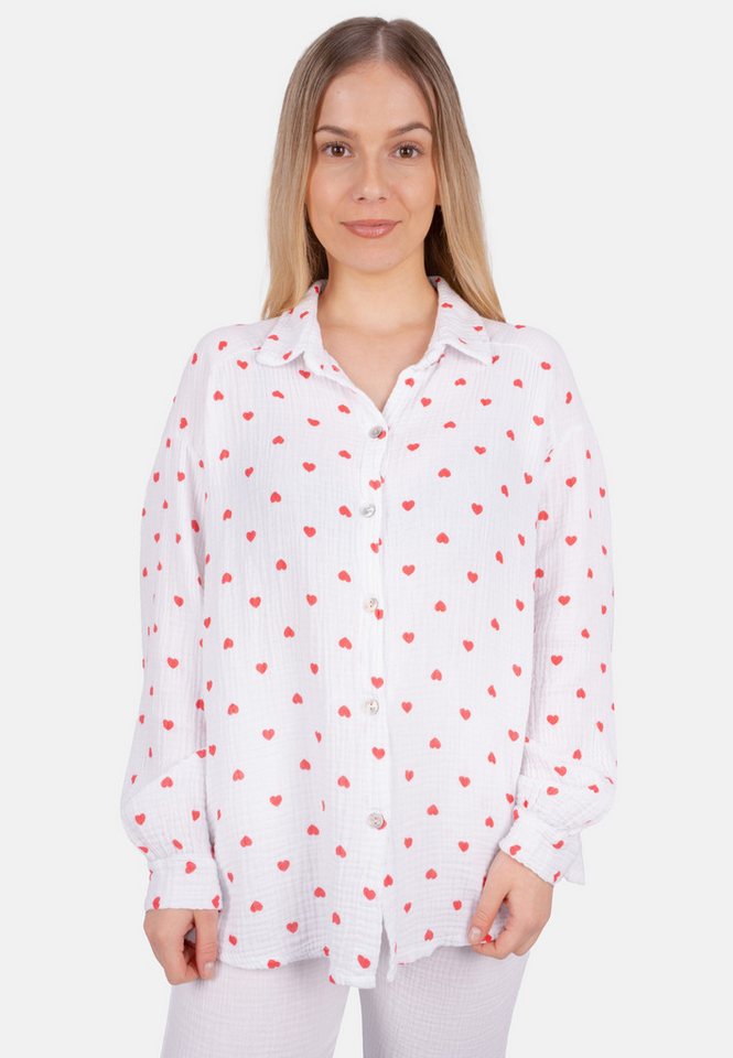 Seasons of April Hemdbluse LIYA MUSSELIN HERZ OVERSIZED Damen Musselin Bluse mit Herz Print, 100% Baumwolle, S/M & L/XL von Seasons of April