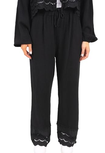 Seasons of April Lange & lockere Musselin Hose mit Lochstickerei und Elast. Bund - INES (Schwarz) von Seasons of April