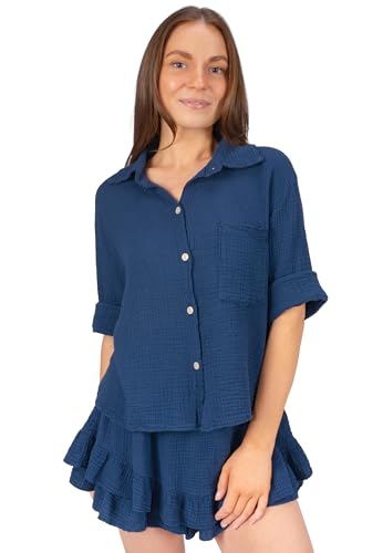 Seasons of April Musselin Bluse Damen aus 100% Baumwolle - kurz, luftig & locker - Frühling, Sommer mit Brusttasche - Celine (Dunkelblau S/M) von Seasons of April