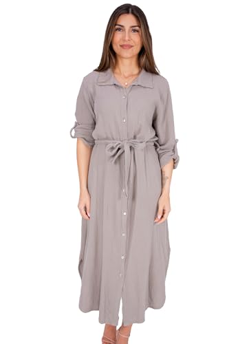 Seasons of April Musselin Kleid mit Knopfverschluss und Bindegürtel aus 100% Baumwolle, Leicht & Locker, One Size - Victoria (Taupe) von Seasons of April
