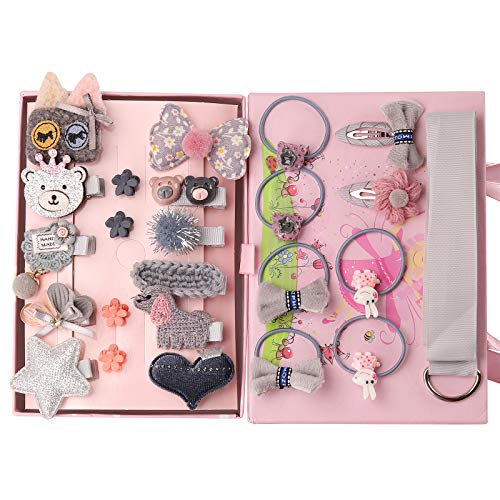 Seatecks 24 Stück Mädchen Haarschmuck Haarspangen Set Geschenkbox Haarclip Haarspange Nette Partei Bowknot Blume Multi Stil Haarnadel Band Rosa für kleine Mädchen Baby Kinder-Grau von Seatecks