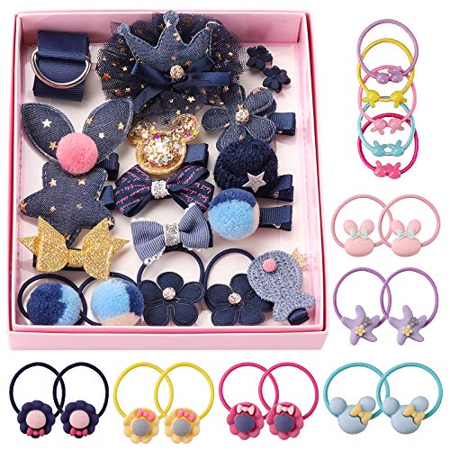 Seatecks 35 Stück Mädchen Haarschmuck Haarspangen Set Geschenkbox Haarclip Haarspange Nette Partei Bowknot Blume Multi Stil Haarnadel Band Rosa für kleine Mädchen Baby Kinder-Dunkelblau von Seatecks