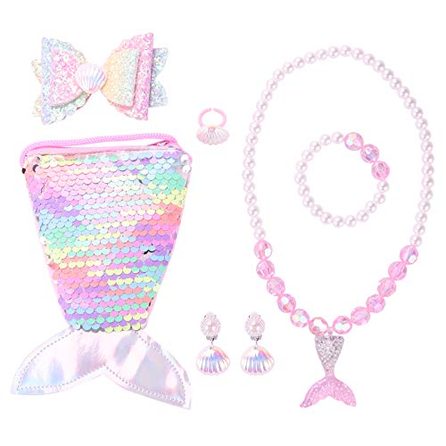 Seatecks 7 Stück Neue Kinder Schmuck Kits Halskette Set Nette Cartoon Pailletten Meerjungfrau Handtasche Armband Ring Ohrringe Haarspangen Set Party Gefälligkeiten Geschenk -Rosa Fischschwanz von Seatecks