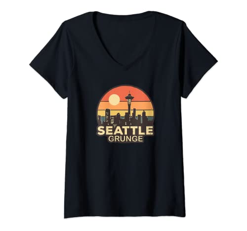 Damen Seattle Grunge - Vintage Skyline T-Shirt mit V-Ausschnitt von Seattle City Souvenirs und Geschenke