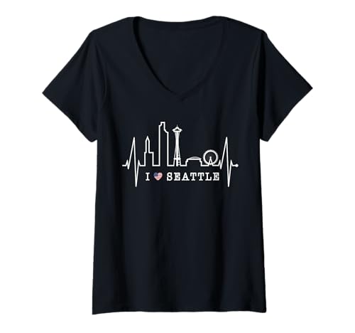 Damen Seattle Skyline Herzschlag USA Herz Puls Ich Liebe Seattle T-Shirt mit V-Ausschnitt von Seattle Skylines für Reise zur USA Westküste
