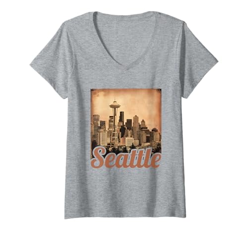 Damen Vintage Seattle Washington Skyline Cityscape 80er 70er Jahre Seattle T-Shirt mit V-Ausschnitt von Seattle Souvenirs Co