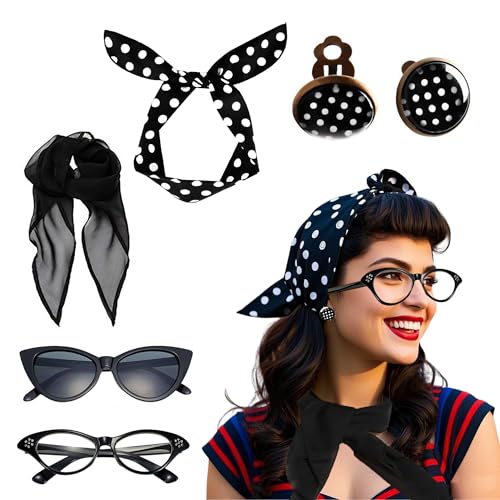 Seawhisper Rockabilly Accessoires Damen 50er Jahre Kostüme Frauen 1950er Jahre Zubehör Set Schwarz Halstuch Nickituch Katze Brille Ohrringe Haarband… von Seawhisper