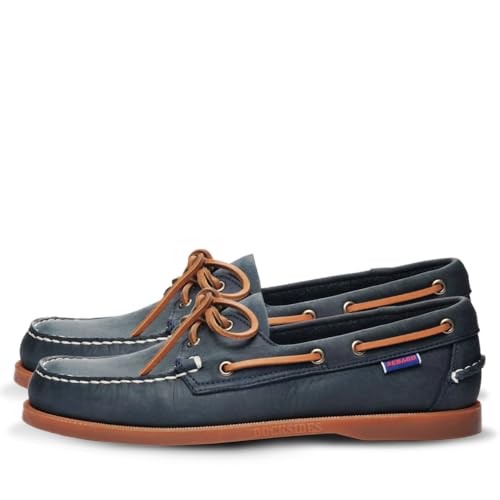 Sebago Portland Crazy H Bootsschuhe, Gemusterte & Used-Look, gewachstes Leder, Mokassins mit Ledersockenfutter und abriebfesten Gummi-Außensohlen, Euro-Marineblau & Braun, 43 EU von Sebago