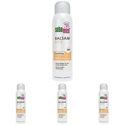 Sebamed Balsam Deo Sensitive Aerosol, Deo ohne Aluminium mit Aloe Vera, Deospray für Damen und Herren, zuverlässiger Schutz vor Körpergeruch, 24h-Effekt, 150 ml (Packung mit 4) von Sebamed