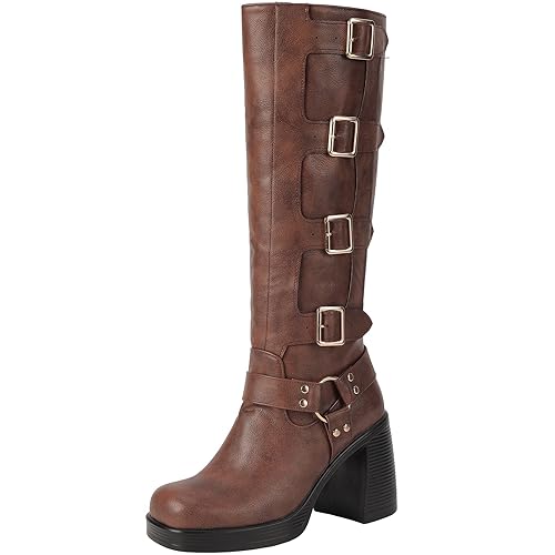 Damen Gogo-Stiefel, Gothic, knielang, quadratischer Zehenbereich, klobiger Absatz, Plateau-Stiefel zum Überziehen, knielange Stiefel mit Schnalle, Braun, 37 EU Damen Gogo-Stiefel, Gothic, knielang, quadratischer Zehenbereich, klobiger Absatz, Plateau-Stiefel zum Überziehen, knielange Stiefel mit Schnalle, Braun, 37 EU von Seborluys