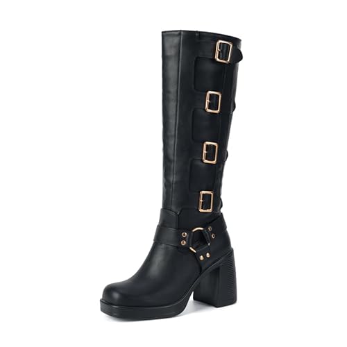 Damen Gogo-Stiefel, Gothic, knielang, quadratischer Zehenbereich, klobiger Absatz, Plateau-Stiefel zum Überziehen, knielange Stiefel mit Schnalle, Schwarz, 39.5 EU Damen Gogo-Stiefel, Gothic, knielang, quadratischer Zehenbereich, klobiger Absatz, Plateau-Stiefel zum Überziehen, knielange Stiefel mit Schnalle, Schwarz, 39.5 EU von Seborluys