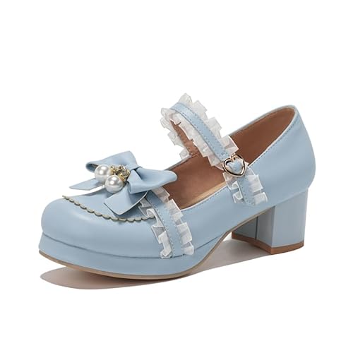 Seborluys Damen Sweet Lolita Cosplay Schuhe Mid Chunky Heel Kawaii Plateau Mary Jane Kleid Pumps Knöchelriemen mit Spitze Schleife, Blau 1 , 38 EU von Seborluys