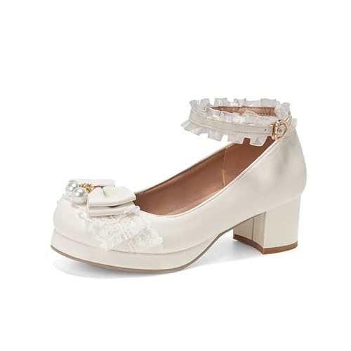 Seborluys Damen Sweet Lolita Cosplay Schuhe Mid Chunky Heel Kawaii Plateau Mary Jane Kleid Pumps Knöchelriemen mit Spitze Schleife, Weiss/opulenter Garten, 41 EU von Seborluys