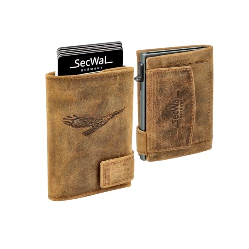 SecWal Kartenetui Prägung Adler mit Münzfach Druckknopf inkl. Geschenkbox - Echtleder Mini Geldbörse für Damen und Herren - RFID Schutz Portemonnaie Leder - Geldbeutel Motiv Prägung Adler von SecWal