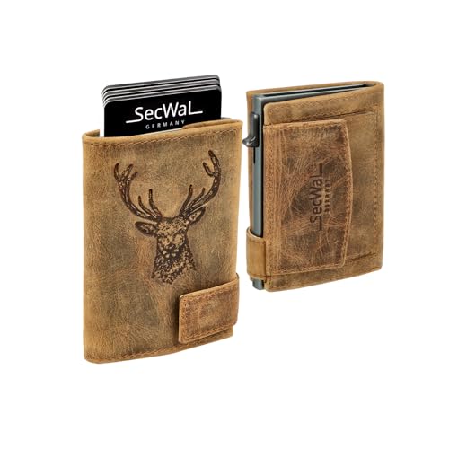 SecWal Kartenetui Prägung Hirsch mit Münzfach Druckknopf inkl. Geschenkbox - Echtleder Mini Geldbörse für Damen und Herren - RFID Schutz Portemonnaie Leder - Geldbeutel Motiv Prägung Hirsch von SecWal