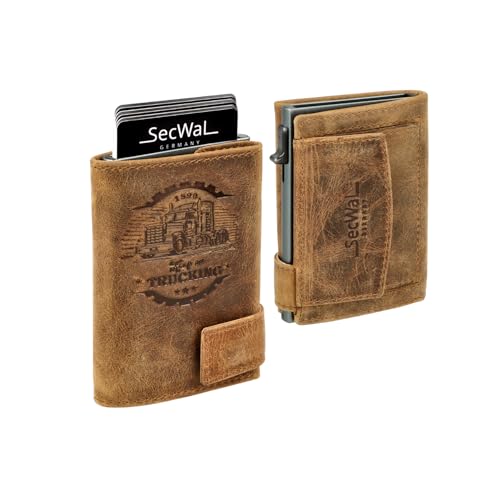 SecWal Kartenetui Prägung LKW mit Münzfach Druckknopf inkl. Geschenkbox - Echtleder Mini Geldbörse für Damen und Herren - RFID Schutz Portemonnaie Leder - Geldbeutel Motiv Prägung LKW von SecWal